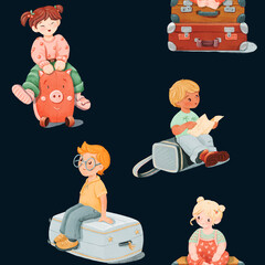 Seamless pattern of smiling girl in jeans and Asian kid, a little blonde tourist, calm, dreaming red-haired boy with glasses is sitting on the grey Suitcase, a teenager. Dark background