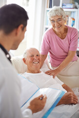 Doctor, senior patient and paperwork in nursing home for wellness, diagnosis and healthcare. Consultation, medical professional and elderly couple for rehabilitation, discussion and positive report