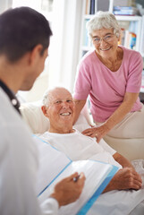 Doctor, senior patient and paperwork in nursing home for wellness, diagnosis and healthcare....