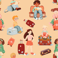 Seamless pattern of girl with luggage, a dark-skinned smiling girl, boy sits in open empty brown retro suitcase. Surprised looks at the todolist. travel concept. Beige background watercolor