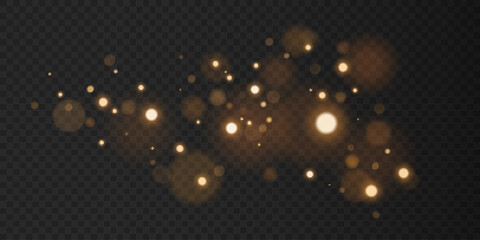 Golden lights bokeh with abstract bright glares isolated on dark transparent background. Flare and glare effect. Vector illustration. - obrazy, fototapety, plakaty