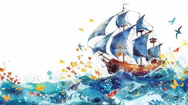 Dynamic watercolor illustration of a classic ship sailing through a sea of colorful waves with butterflies, suitable for adventurous and nautical themes.