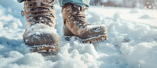 A person standing in the snow, wearing durable hiking boots. The boots are covered in snow, showing they are being used actively in the winter terrain.