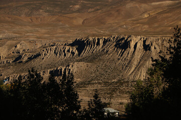 Beautiful soil formation in hills  created by strong wind  in mustang