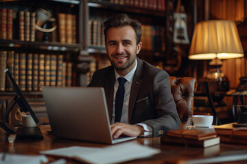 Smiling young lawyer at law firm - obrazy, fototapety, plakaty