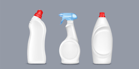 Mockup of bottle with gel or liquid detergent with lid and sprayer. Realistic 3d vector illustration set of blank white plastic container with household chemicals. Laundry and cleaning product package