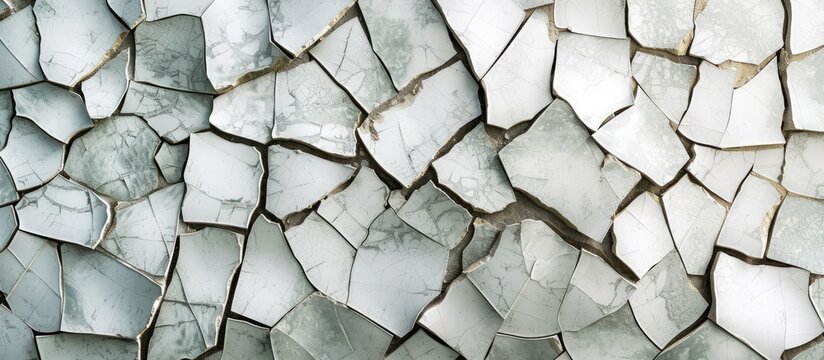 This close-up photo features a high-resolution, real image of a broken tile mosaic pattern, resembling an abstract irregular bathroom wallpaper.