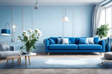 modern blue living design with sofa and furniture. Blurred bright living room with sofa and flowers. wide panoramause for background