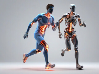 Fototapeta na wymiar 3d running medical man with skeleton knees highlighted
