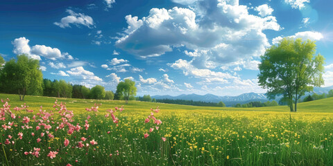 beautiful spring day panorama background,landscape  Meadow with blue sky and green grass, white and pink spring daisy flowers  ,banner 