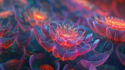 A flowering of multicolored tessalating repeating fractal waves glowing phosphorescent