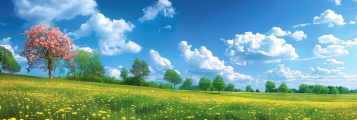 beautiful spring day panorama background,landscape  Meadow with blue sky and green grass, white and pink spring daisy flowers  ,banner 
