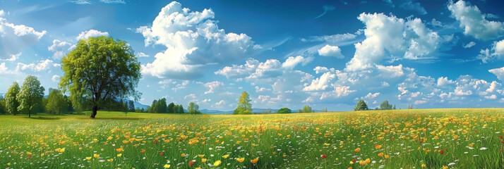 beautiful spring day panorama background,landscape  Meadow with blue sky and green grass, white and pink spring daisy flowers  ,banner  - obrazy, fototapety, plakaty