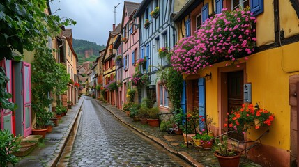 Fototapeta na wymiar Vibrant historic half-timbered homes in one of France's most picturesque villages.
