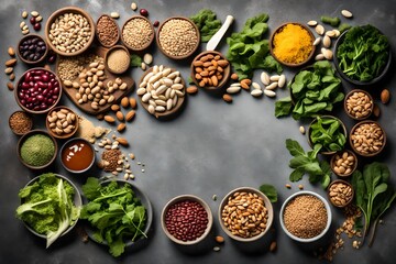 Fototapeta na wymiar Vegan food with nuts, beans, greens and seeds. A gray background with copy space