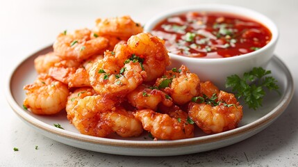 Crispy battered prawns with condiment on dish isolated on blank background.