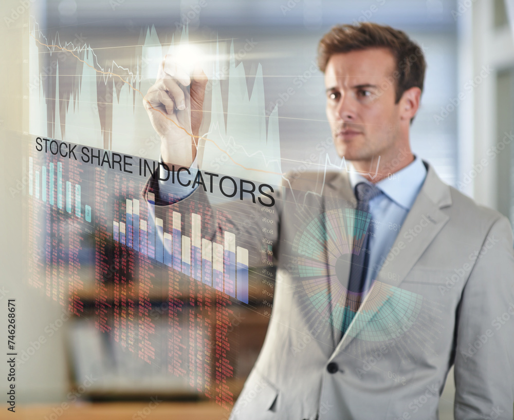 Poster business man, chart and writing on screen with statistics, plan or stock market for growth. interfac