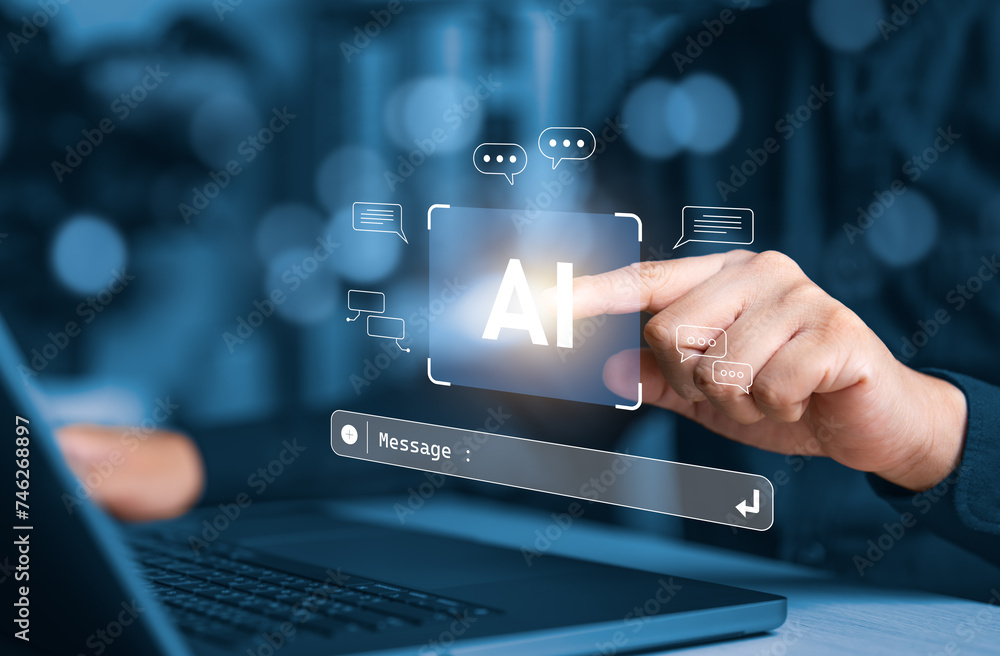 Poster ai technology power, artificial intelligence. hand point on smart robot a.i. big data, artificial in