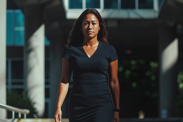 A businesswoman in a black dress is walking down a sidewalk. She appears focused and determined, moving briskly with purpose.