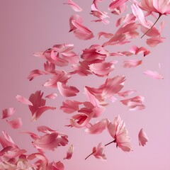 pink flower petals fly in the air on a pink background