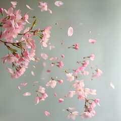 pink cherry blossom petals fly in the air on a pink background