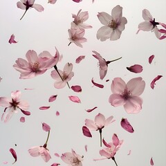 Cherry blossom petals floating in the air over white background