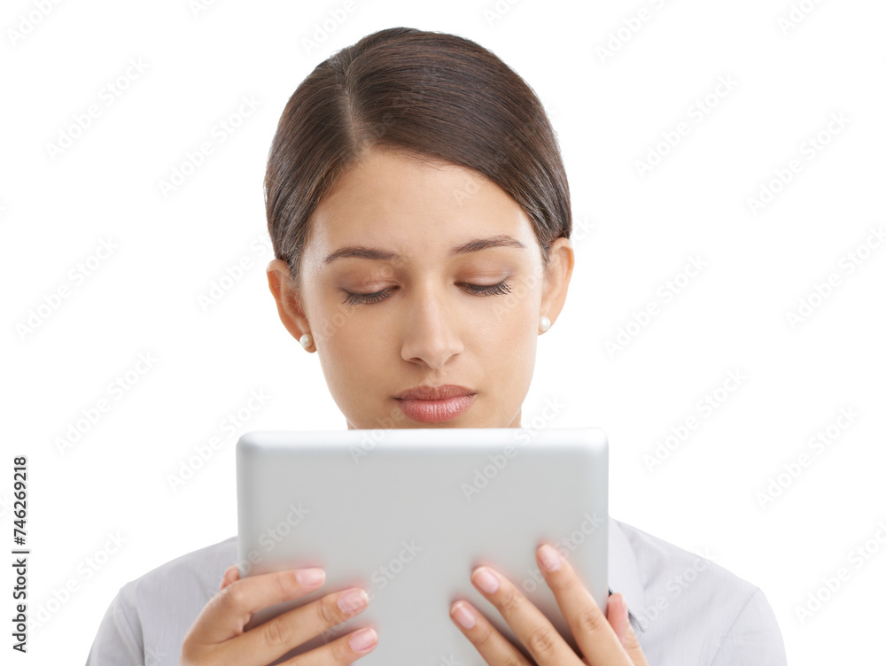 Poster closeup, business woman and reading on tablet in studio and scroll on company email for networking. 