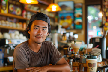 A coffee shop owner at work, his arms crossed in front of him.