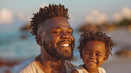 A happy African American youngster with a happy father, who is smiling and closing his eyes as they enjoy themselves.