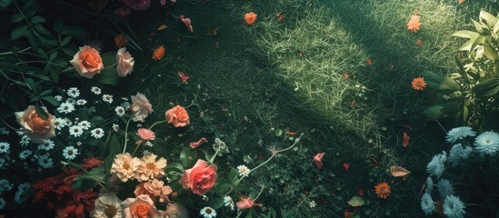 A cluster of dying flowers scattered across the grass, seen from an overhead perspective. - obrazy, fototapety, plakaty
