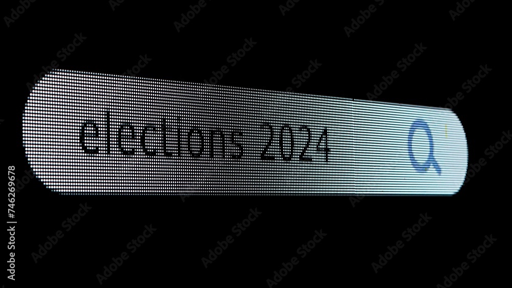 Poster shot of monitor screen. pixel screen with animated search bar, keywords elections 2024 typed in, bro