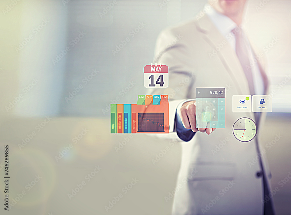 Poster Hand, business person and press screen, software and click futuristic calculator app with calendar. Digital, interface and professional touch dashboard, ui and innovation on mockup space in office