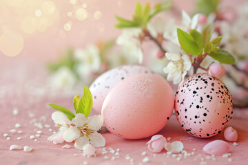 Fototapeta premium Colorful Easter eggs with spring flowers on cherry branches on a soft pink background.