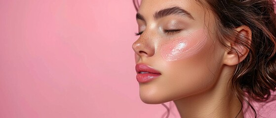 An isolated pastel-colored backdrop features a profile side view of a woman waiting for an anti-aging skin tightening operation in a spa.