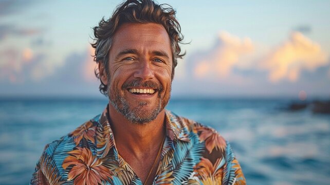 Beautiful man in a Hawaiian shirt, grinning at the camera against a backdrop of the water.