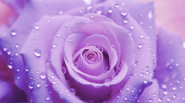 Close up macro photography of purple rose with water droplets after rain. Ethereal Elegance: Close-Up Macro Photography of a Purple Rose with Rain Droplets