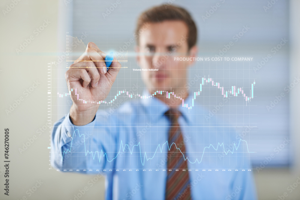 Poster abstract, hologram and businessman writing on charts for software technology with information. futur
