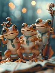 three cute frog musicians singing