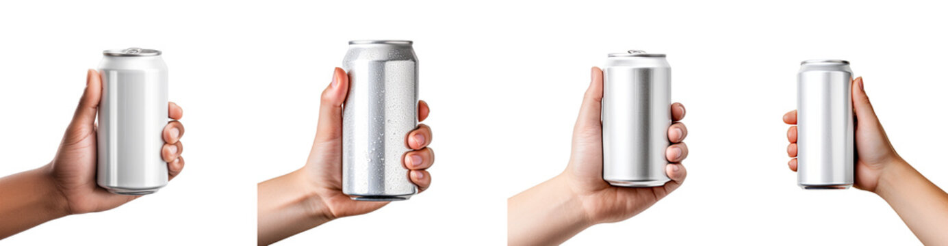 A set of hand holding blank cold drink can isolated on transparent png background generated by ai