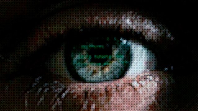 Macro shot of human eye background video. Adult person macro of open eye footage looking directly at camera from digital pixel screen.