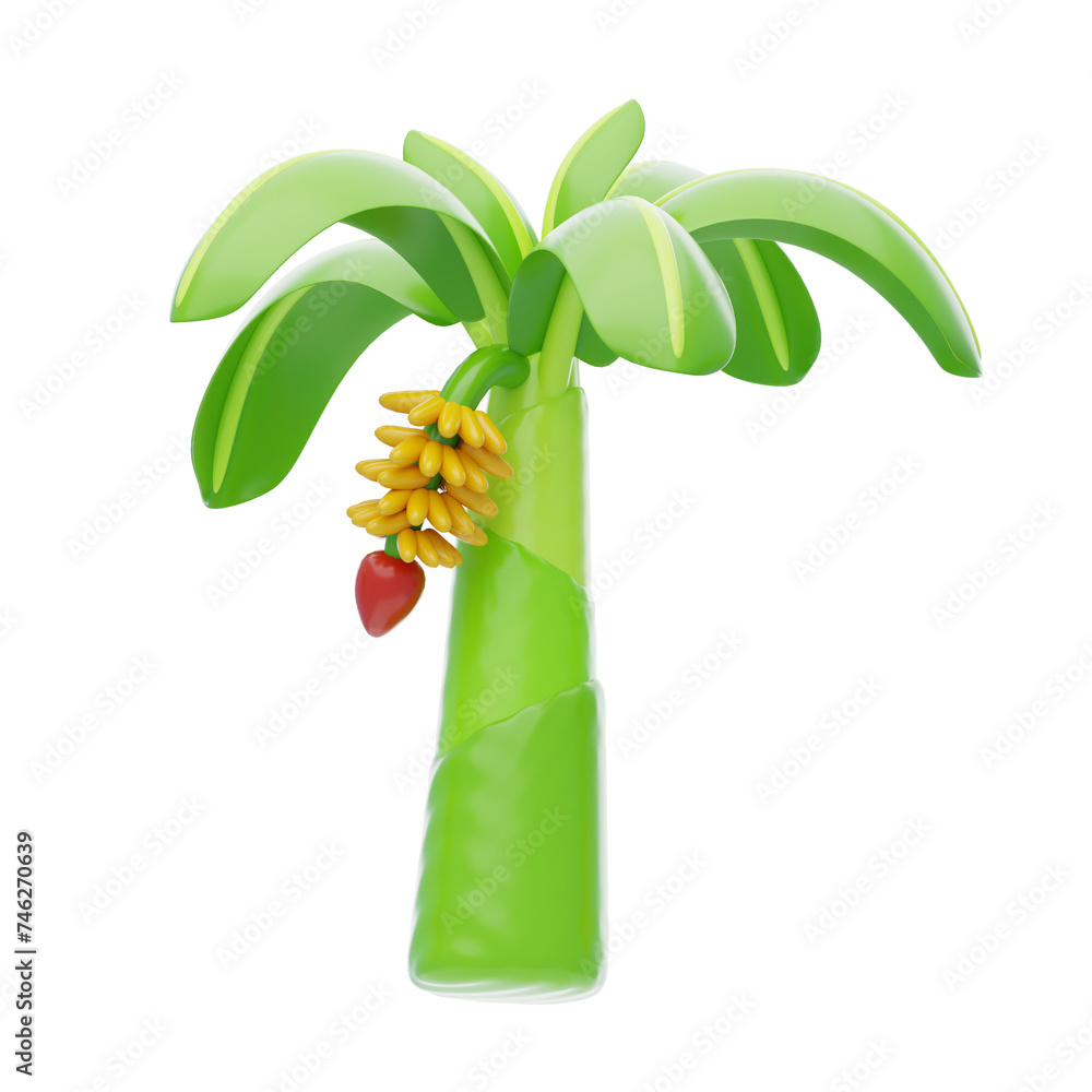 Aufkleber 3d banana tree model tropical icon of lush abundance. 3d illustration, 3d element, 3d rendering. 3d 