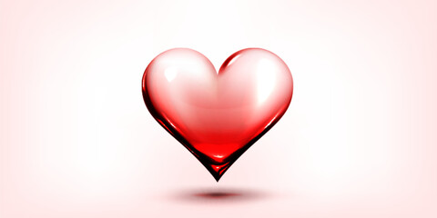 3d glass heart floating in air with shadow on pink background. Realistic vector illustration of red transparent acrylic glossy romantic element for Valentine day card. Balloon shape love symbol.
