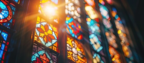 In a castle, the suns rays penetrate through dimly lit stained glass windows, casting colorful patterns and illuminating the interior in a warm glow.