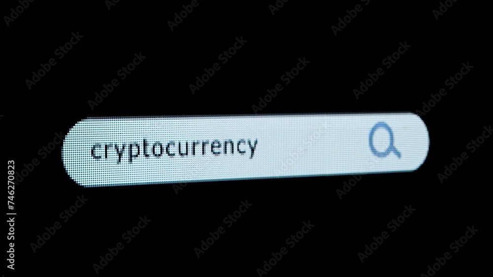 Poster shot of monitor screen. pixel screen with animated search bar, keyword cryptocurrency typed in, brow