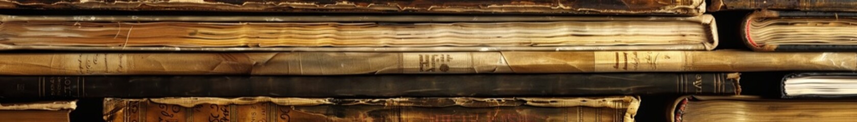 A stack of old books close up on pages and bindings warm lighting
