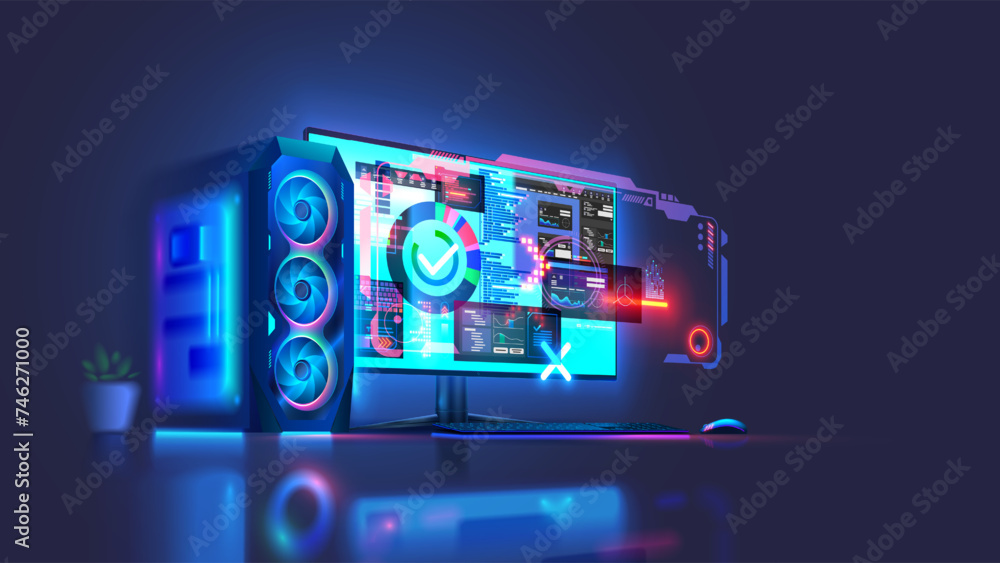 Fototapete Modern powerful desktop PC computer in dark. Computer case of gaming PC with empty monitor, keyboard, mouse on desk. Desktop computer with abstract interfaces of programs. Computer technology concept.