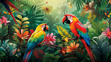 Two Parrots Perched on Branch. Generative AI