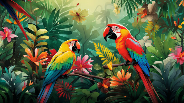Two Parrots Perched on Branch. Generative AI