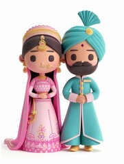 3d icon of indian wedding couple, their clothes in pastel color, with white background