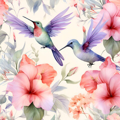 Watercolor seamless pattern with hummingbirds and hibiscus flowers